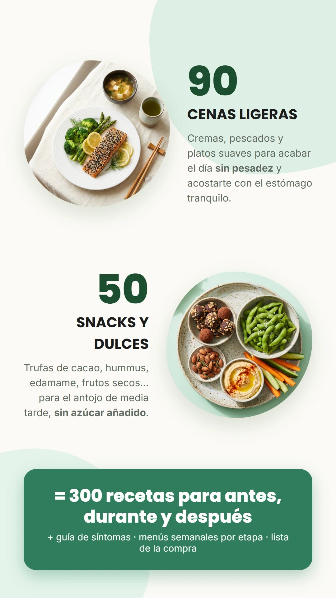 90 cenas ligeras y 50 snacks y dulces: 300 recetas para antes, durante y después.